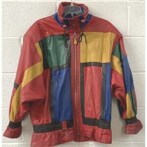 G3 Small Red Leather Jacket Elastic Colorblock 90s Geometric Hip Hop VNT Rap